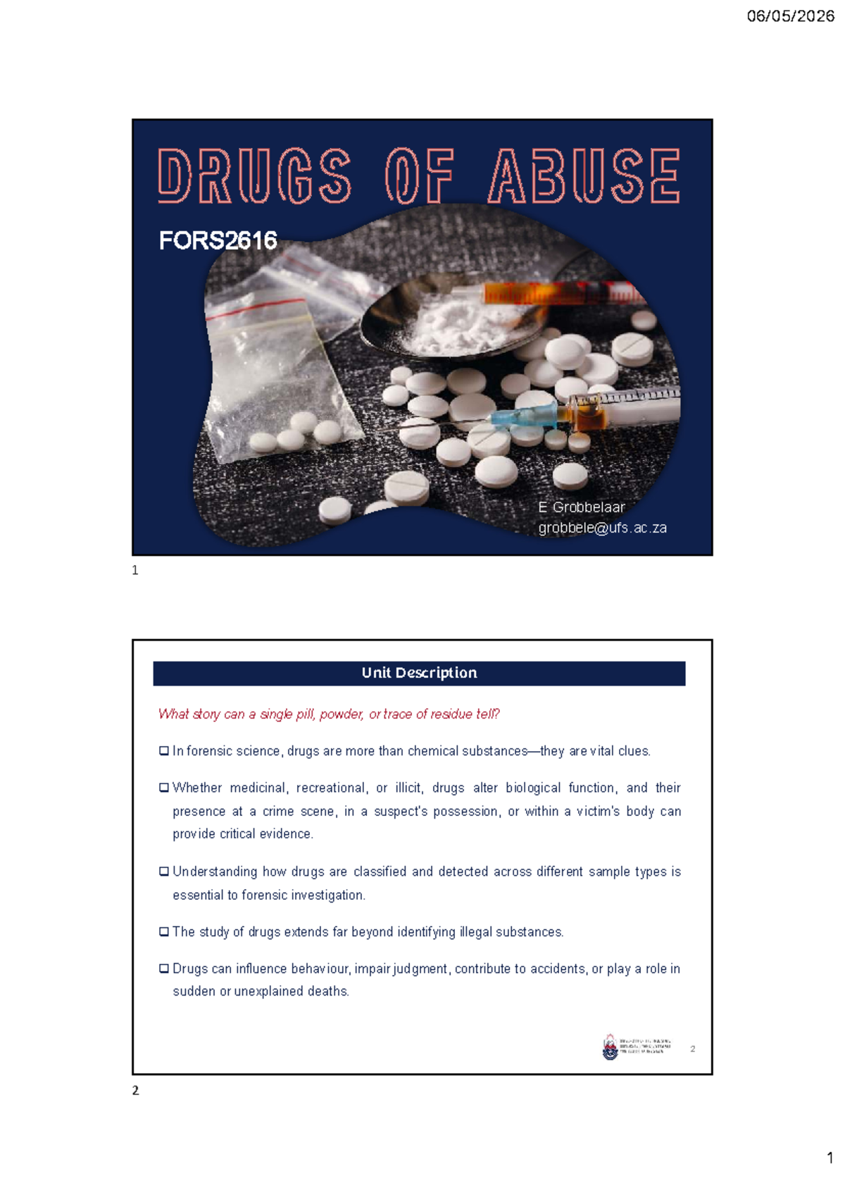 FORS2616 2026 Lecture 1: Forensic Drug Analysis and Its Implications ...