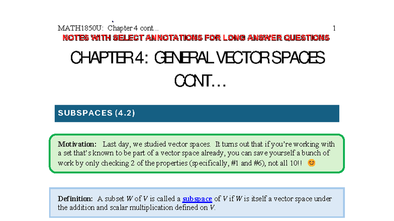 MATH1850U: Chapter 4 - General Vector Spaces & Subspaces - Studocu