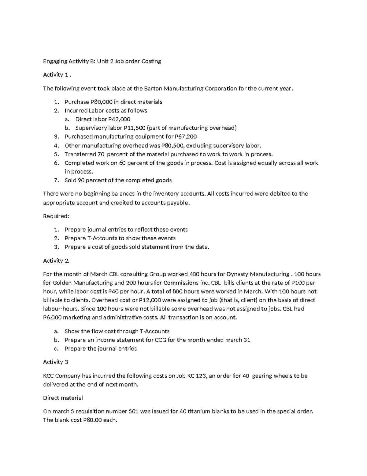 Engaging Activity B: Unit 2 Job Order Costing Analysis - Studocu