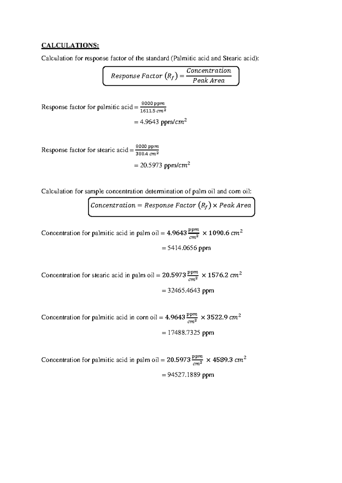 GC Calculations for Response Factor of Palmitic and Stearic Acid - Studocu