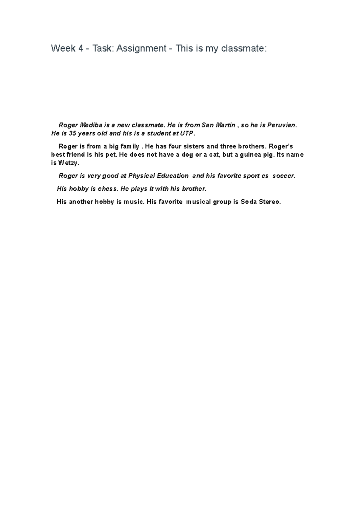 Week 4 Task: Assignment on Classmate Roger Mediba's Profile - Studocu