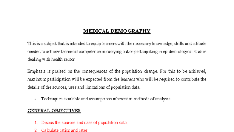 Medical Demography 1 - Revision notes - MEDICAL DEMOGRAPHY This is a ...