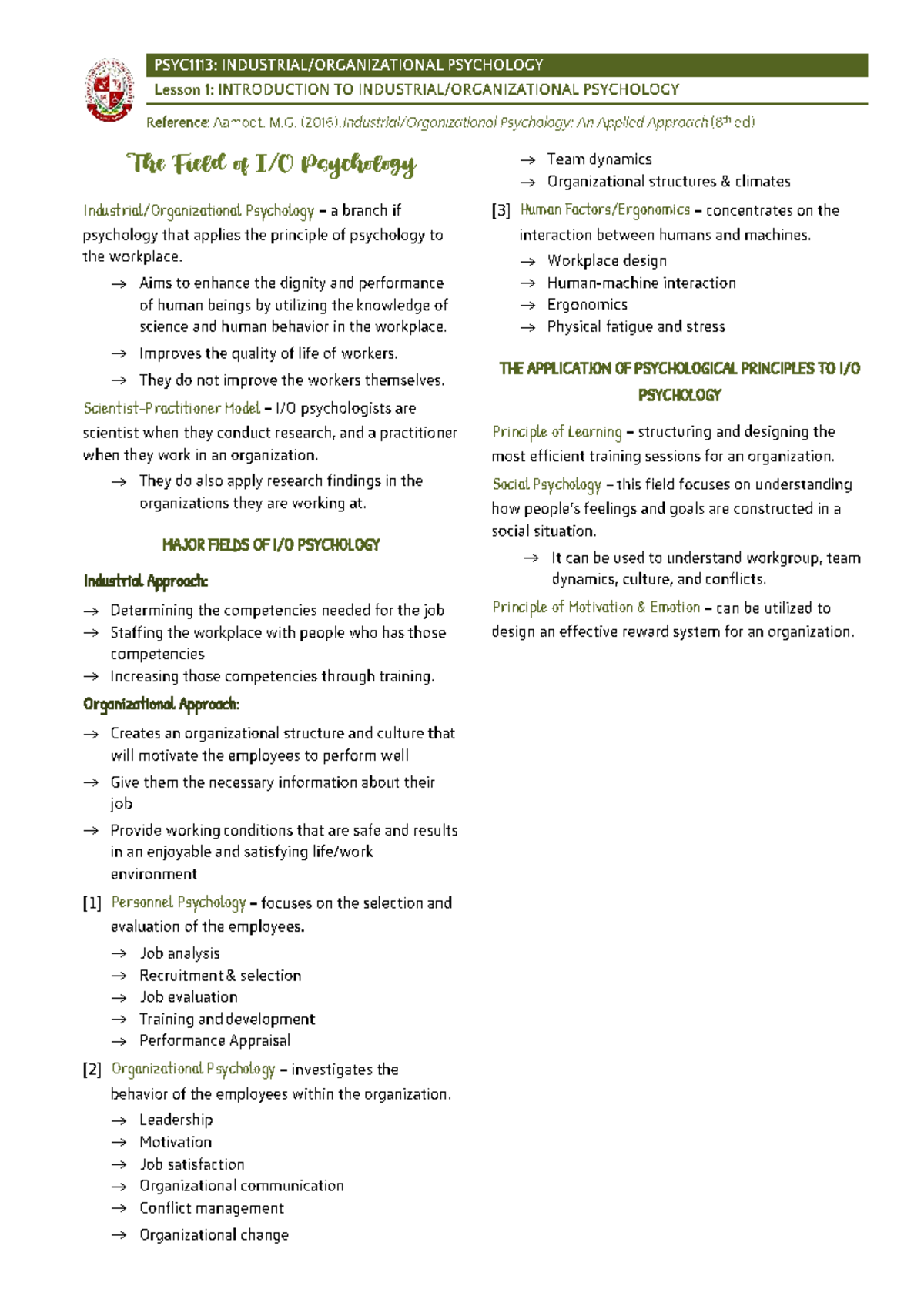 Week 1 - Introduction to I O Psych ology - The Field of I/O Psychology ...