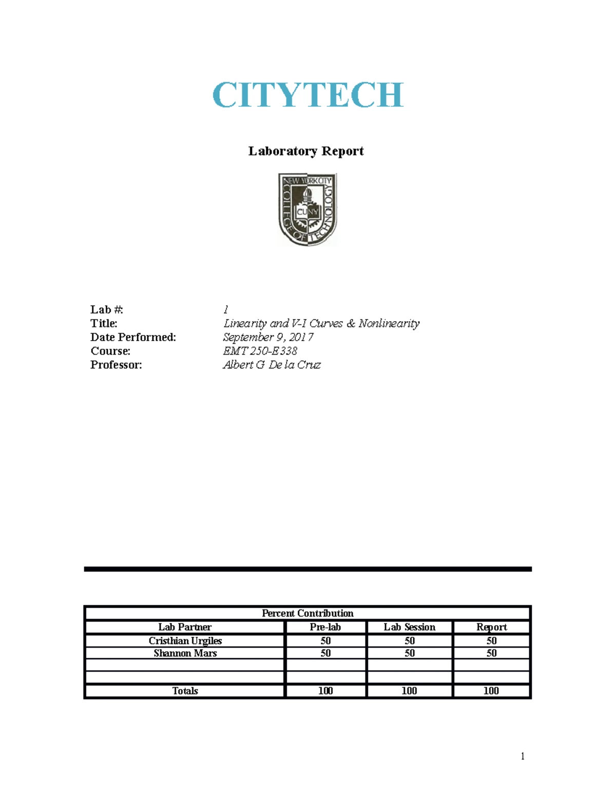Lab5 - Lab Report - CITYTECH Laboratory Report Lab 5 Title: Date ...