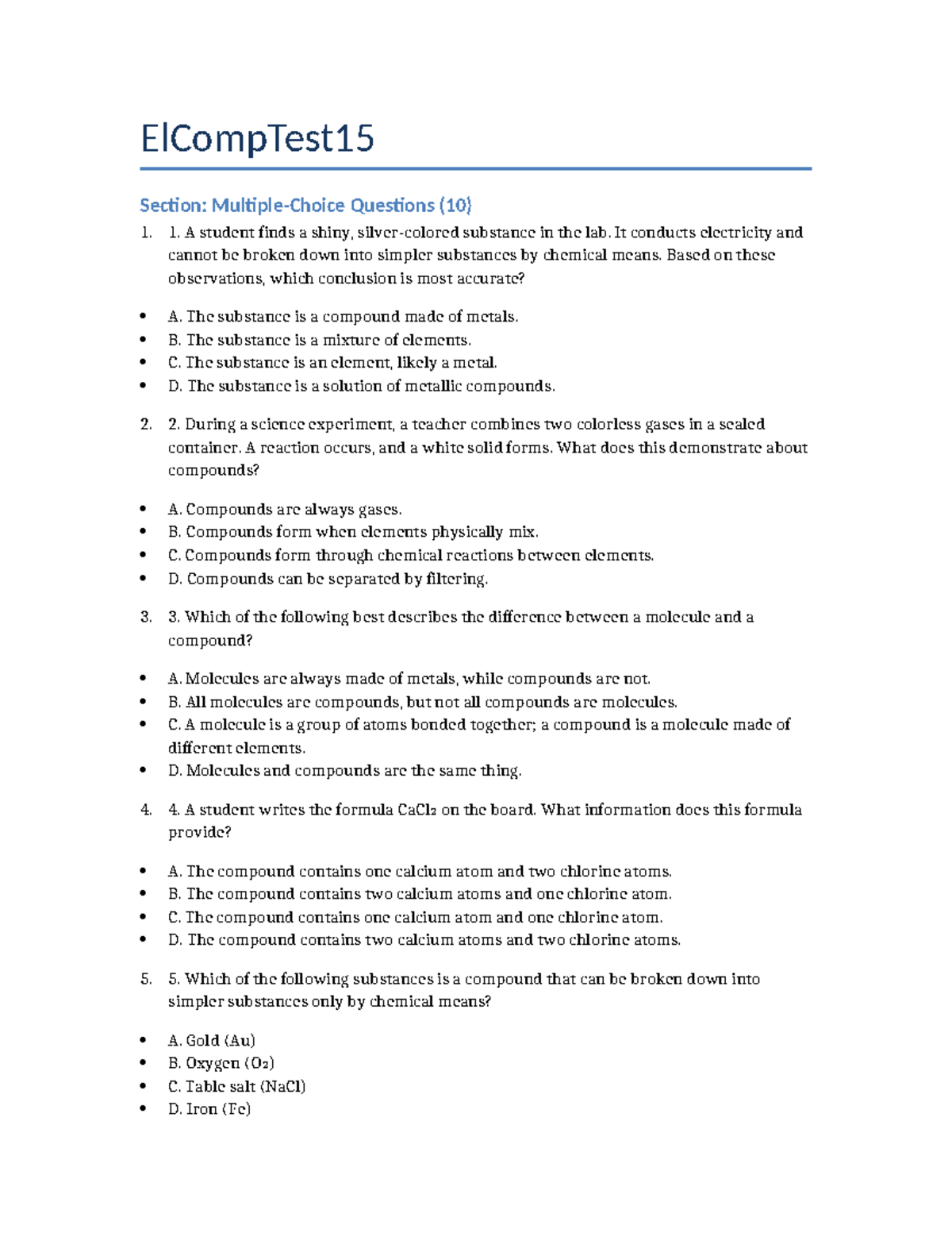 ElCompTest15: Sample Test Questions and Answers - Studocu