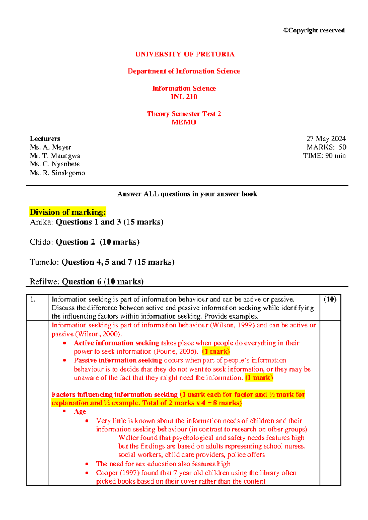 Theory Semester Test 2 2024 MEMO - Information Science Insights - Studocu
