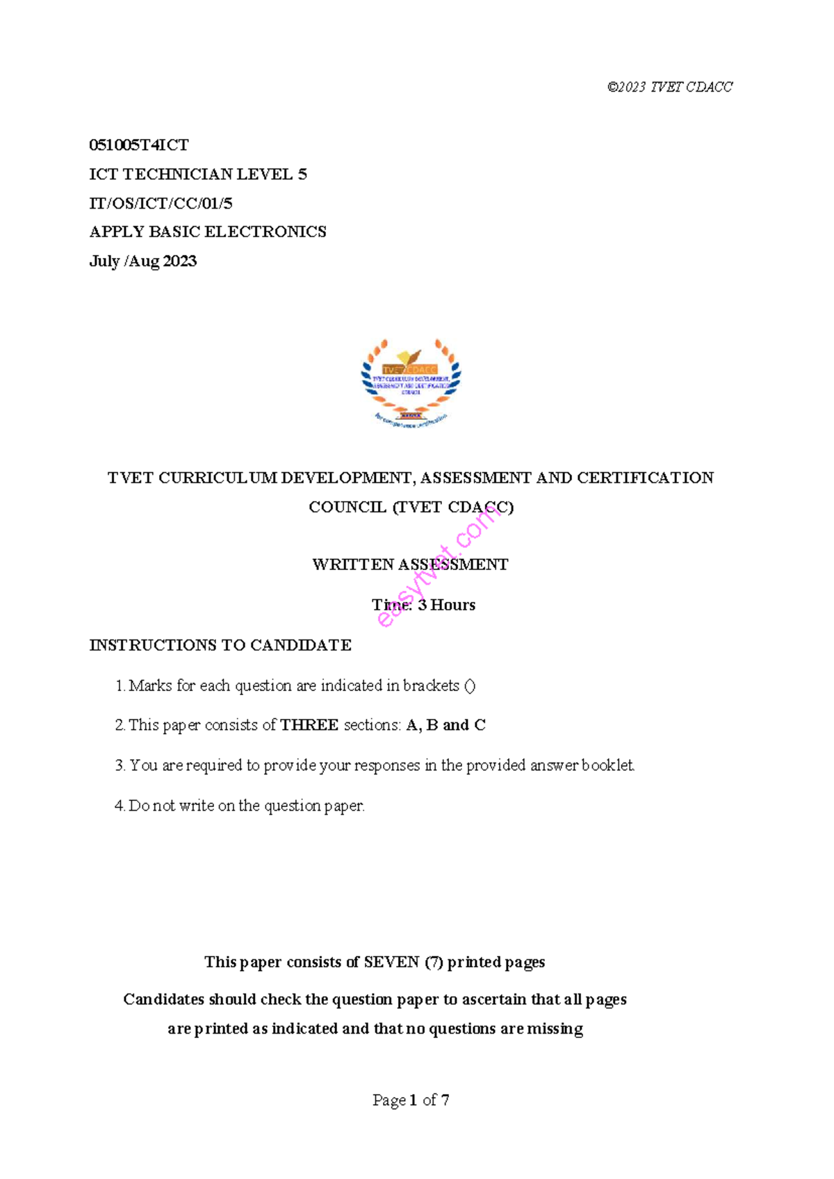 TVET CDACC 051005T4ICT ICT Technician Level 5 Basic Electronics ...