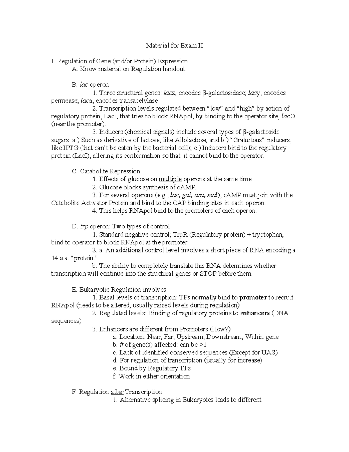 Regulation of Gene Expression and Mutations: Study Notes for Exam II ...