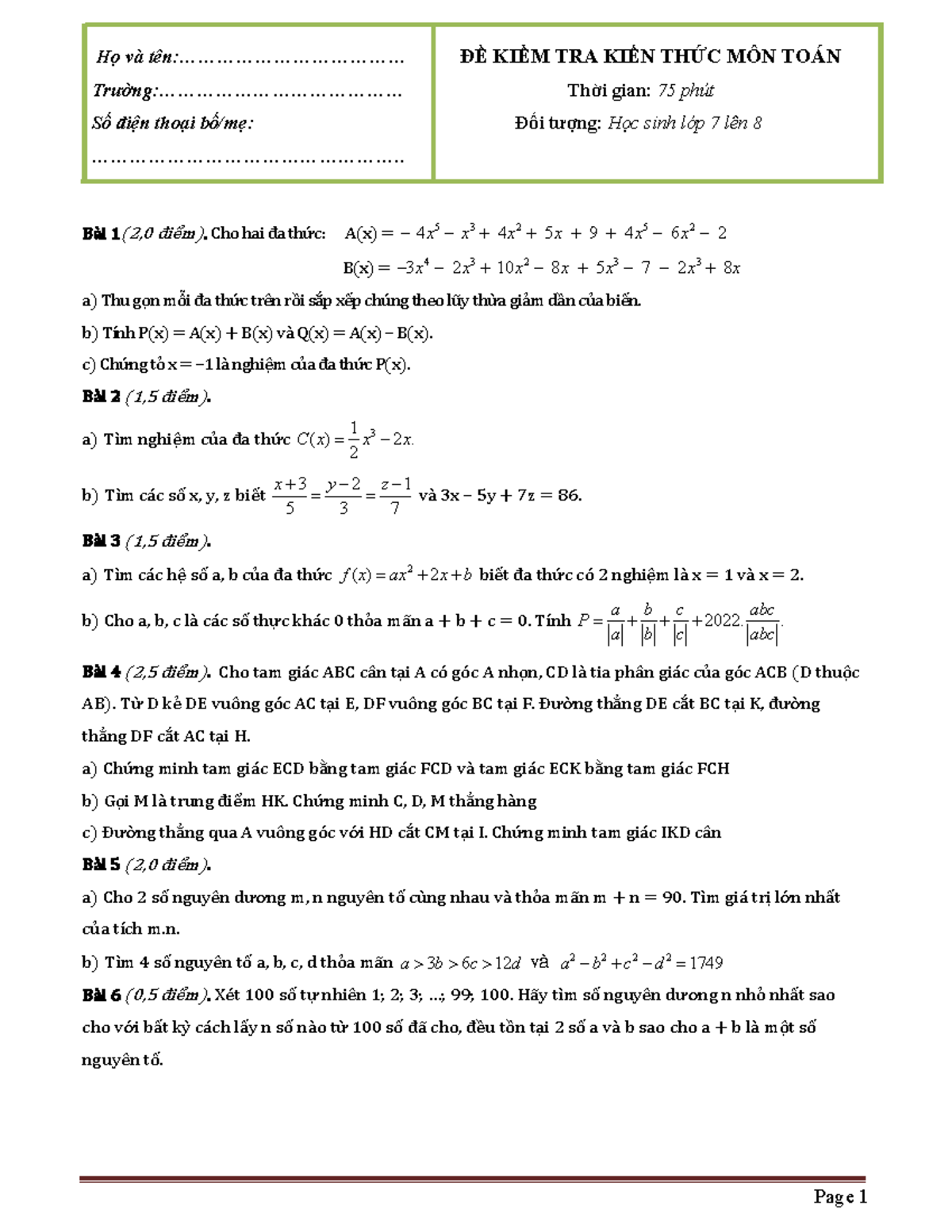 ĐỀ KIỂM TRA KIẾN THỨC MÔN TOÁN LỚP 7 LÊN 8 - 75 PHÚT - Document Preview