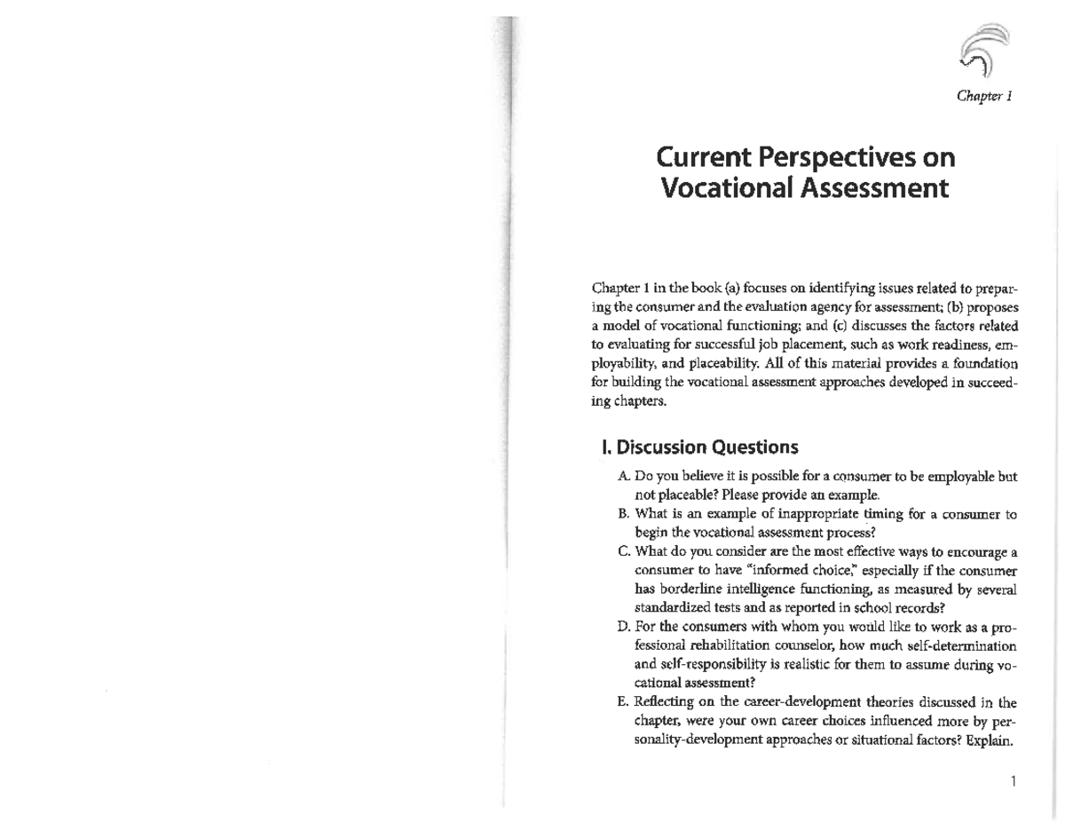 RCS 4200 Chapter 1: Vocational Assessment Perspectives and Discussion ...