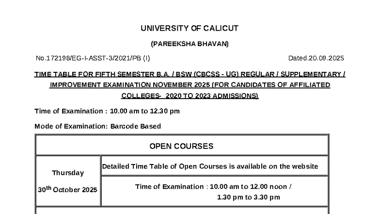 Time Table for 5th Sem B.A. BSW (CBCSS UG) - Nov 2025 Exam - Studocu