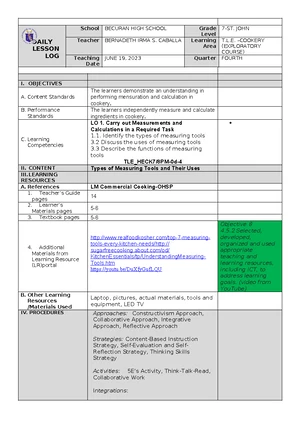 Cookery 7 - Week 2 Daily Lesson Log (May 8-12, 2023) - Studocu