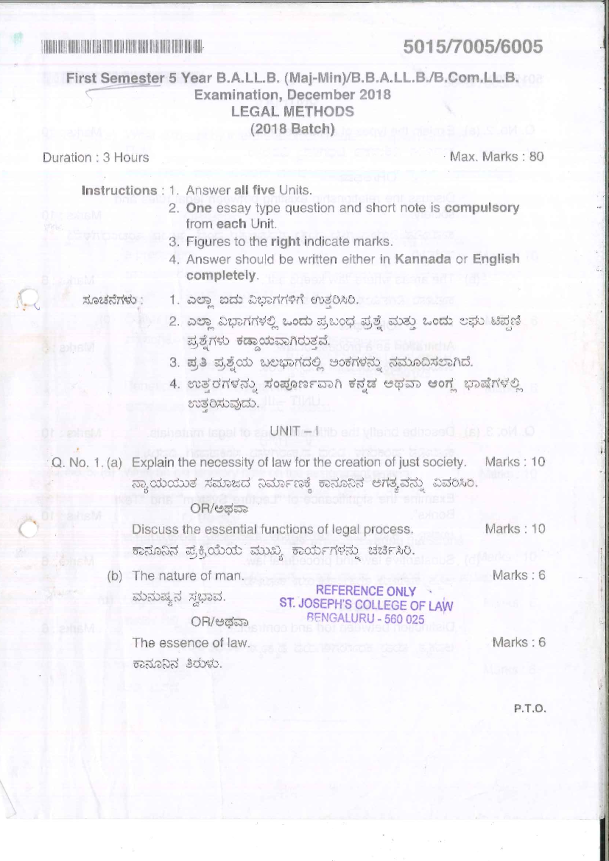 Legal Methods Final Exam - 5 Year B.A.LL.B. Dec 2018 (Max Marks: 80 ...