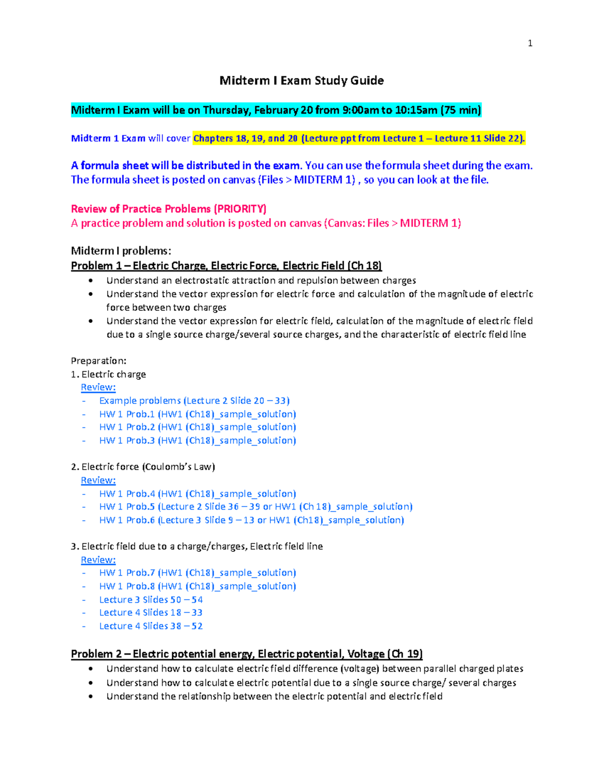 Midterm 1 study guide-2 - 1 Midterm I Exam Study Guide Midterm I Exam ...
