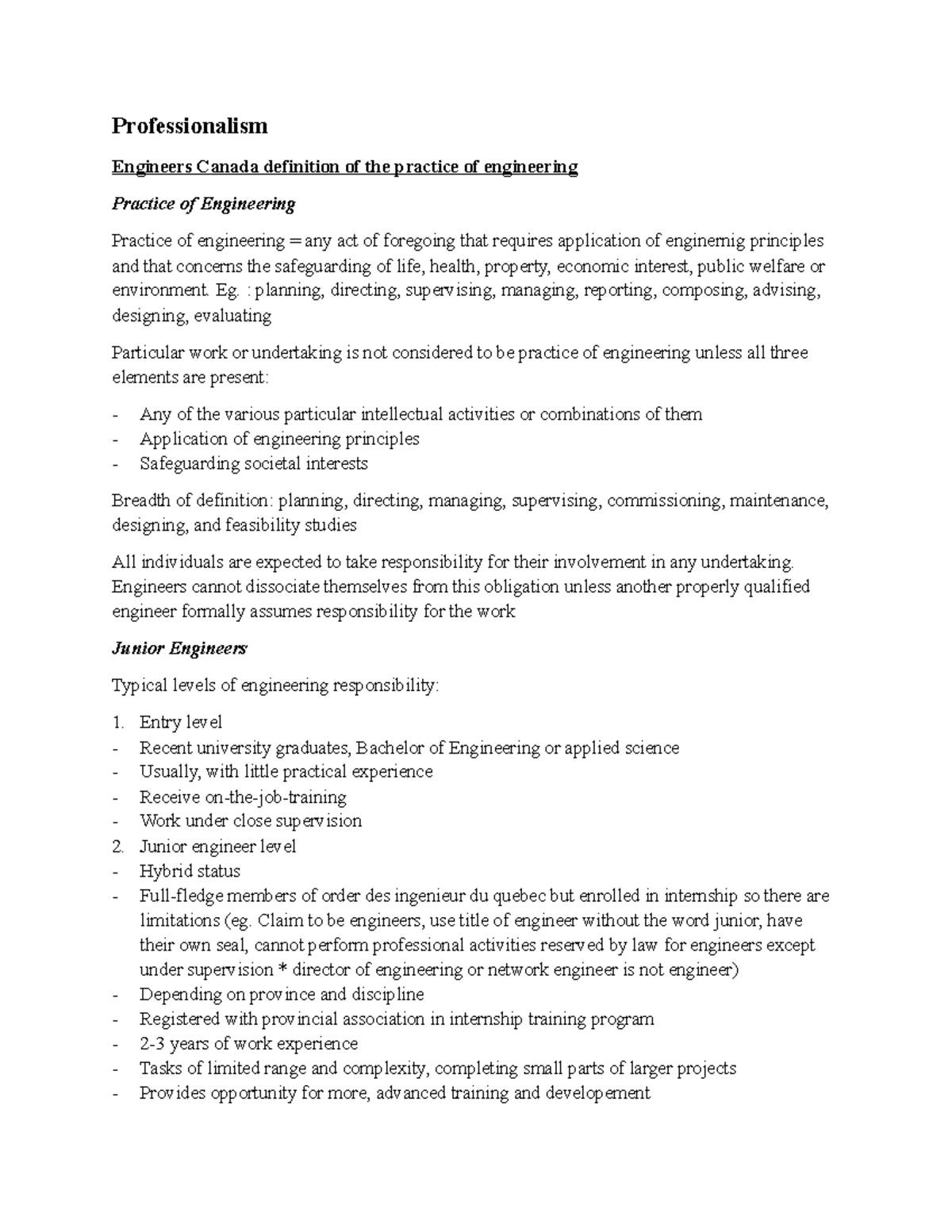 Professionalism in Engineering: Definitions and Responsibilities - Studocu