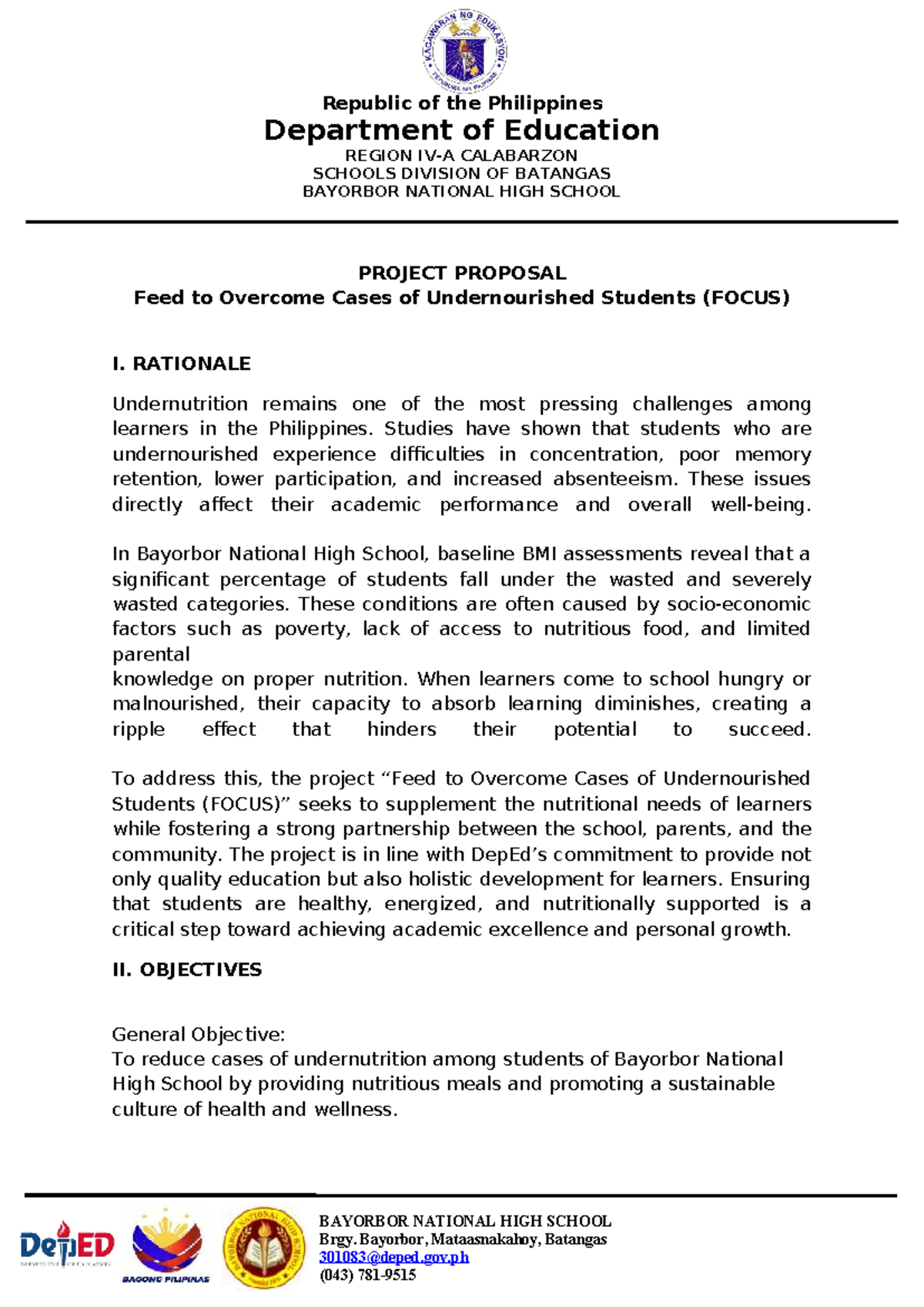 Project Proposal: FOCUS - Feeding Program for Undernourished Students ...