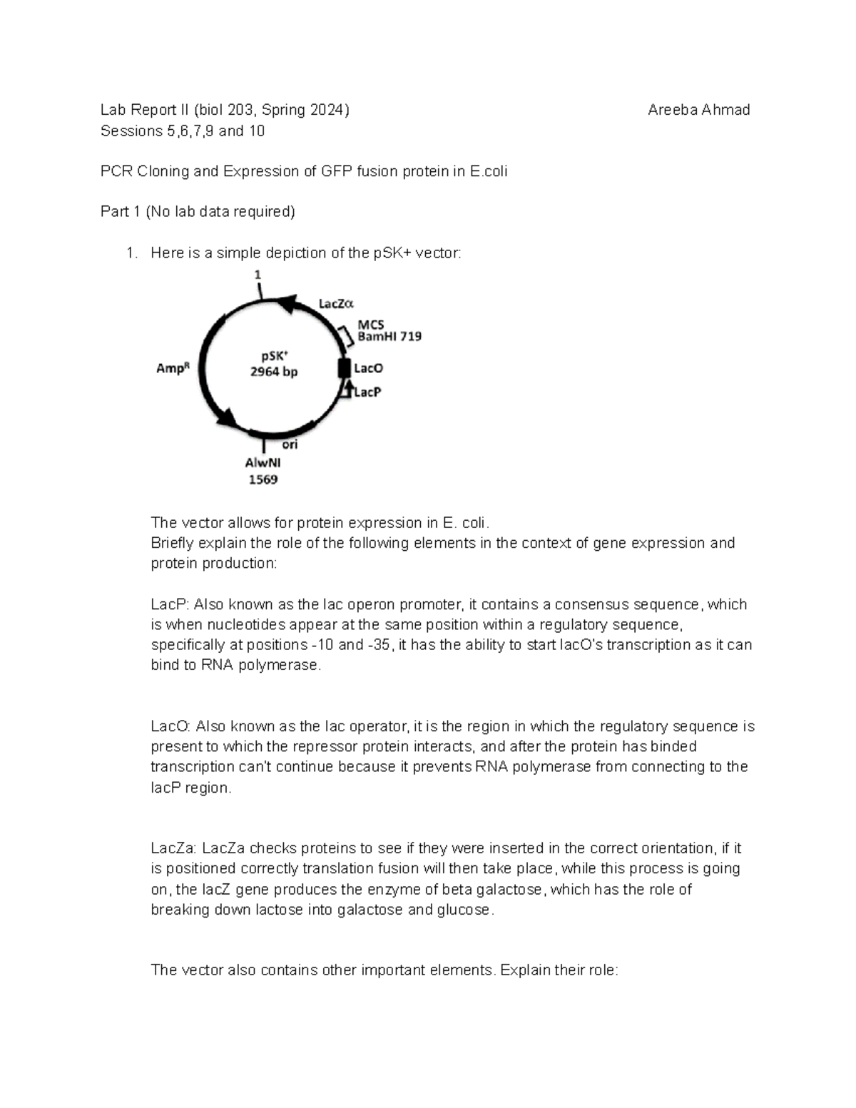 Genetics Lab Report II - PCR Cloning & GFP Fusion Protein (BIOL 203 ...