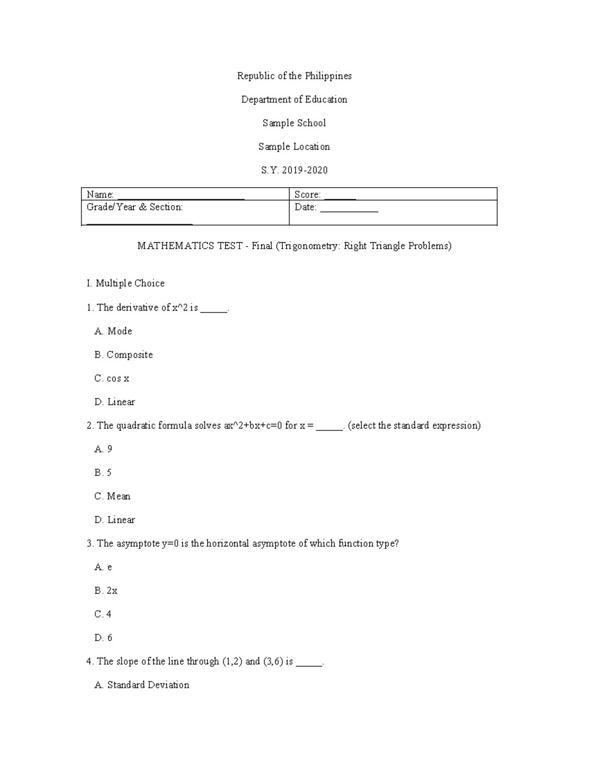MATH 450 Final Exam: Trigonometry Right Triangle Problems - Studocu