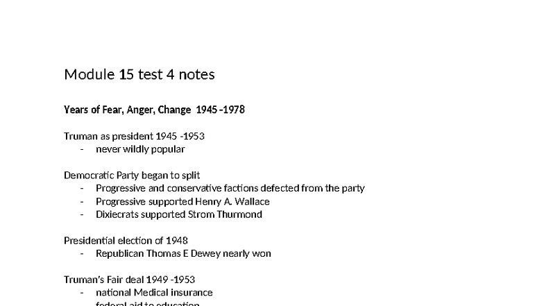 Module 15 Test 4 Notes: Years of Fear, Anger, and Change (1945-1973 ...