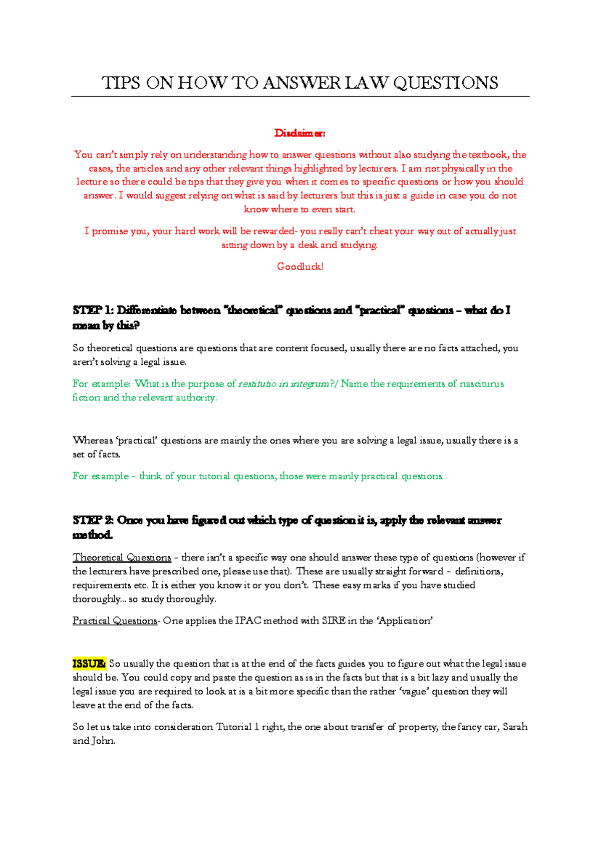 Law 101: Tips for Answering Legal Questions Effectively - Studocu