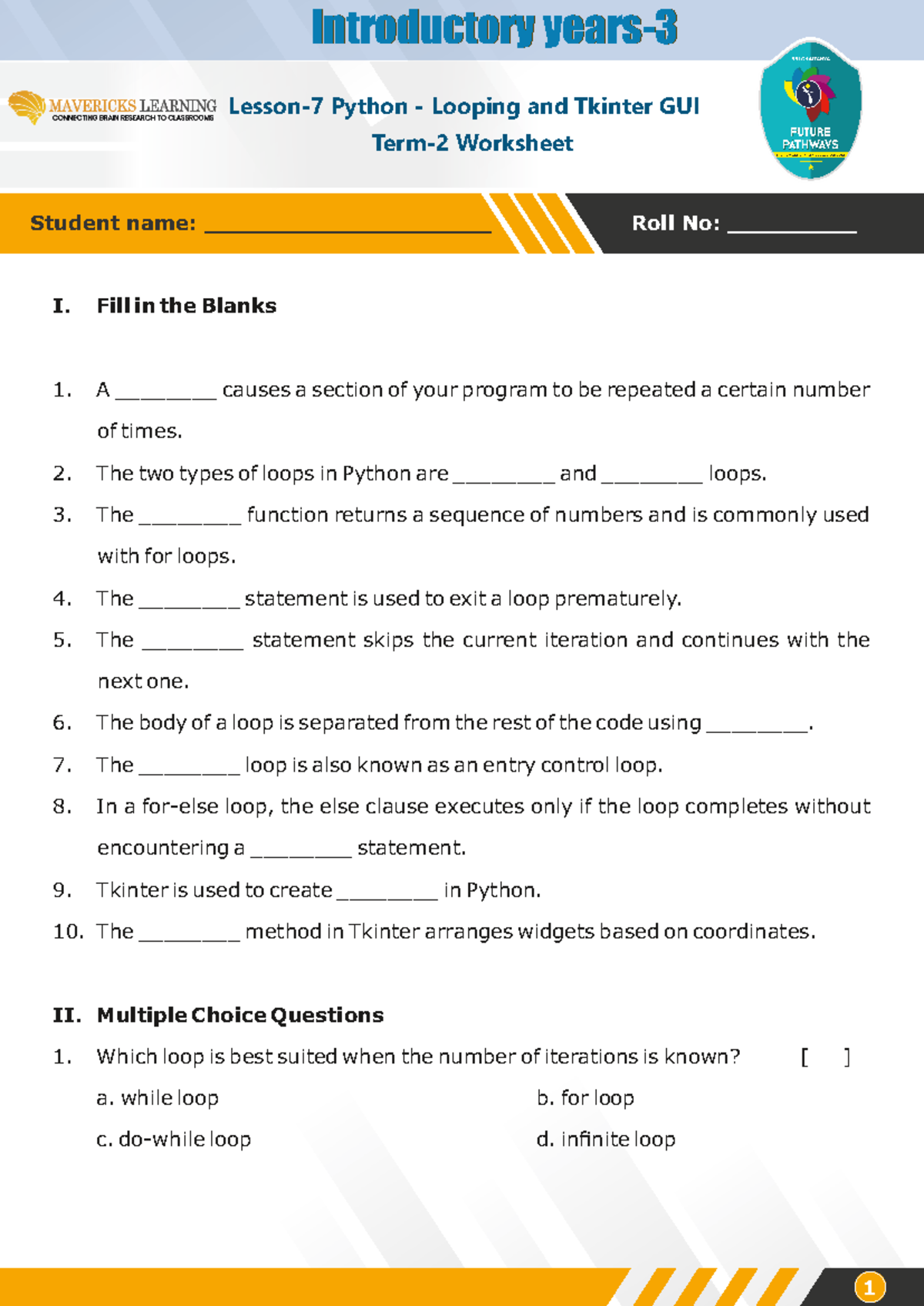 IY-3 LS7 & LS10 Worksheet: Python Loops & Tkinter GUI Concepts - Studocu
