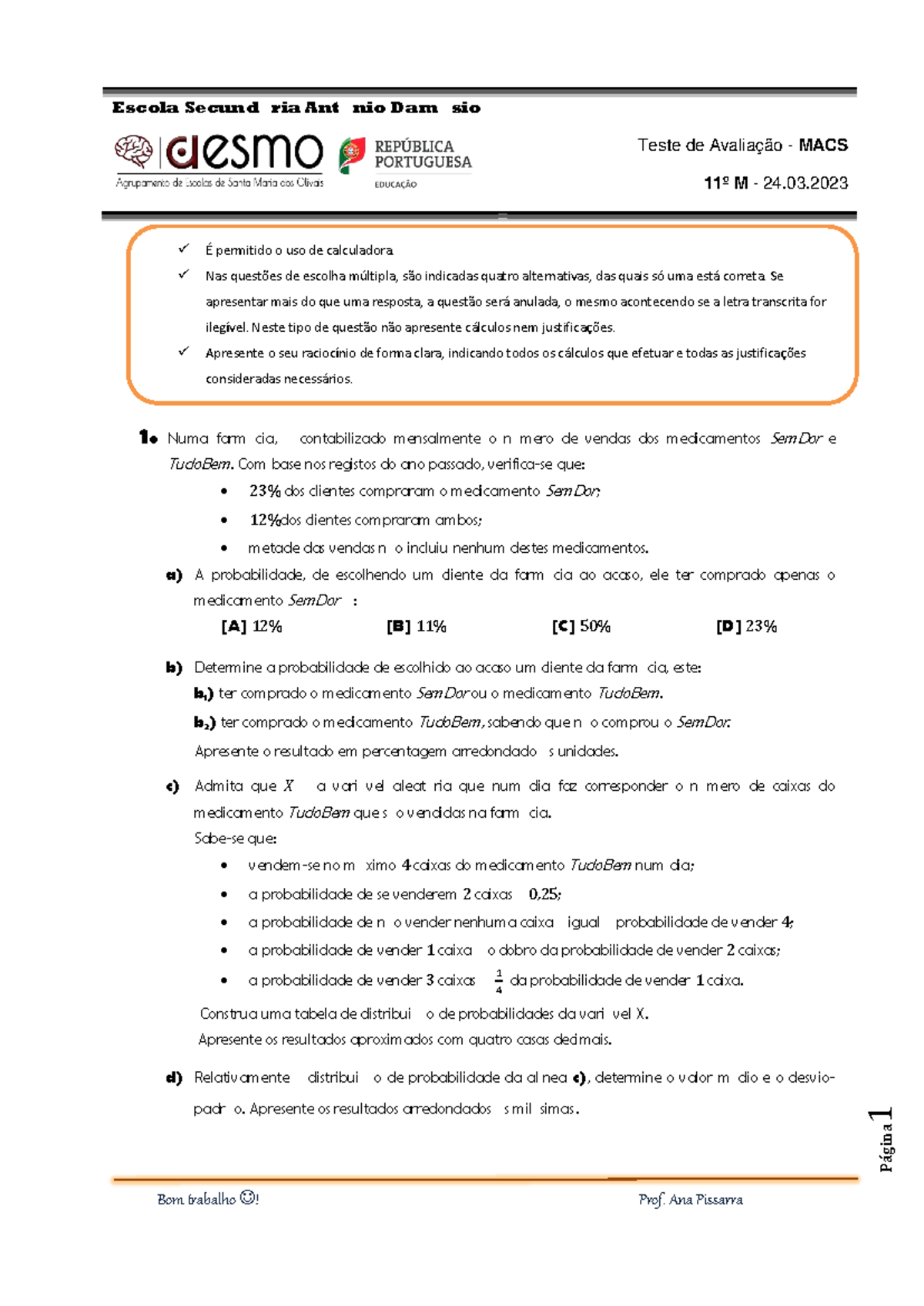 Teste de Avaliação - MACS 11º M - Exemplo 4 de Probabilidades e Grafo ...