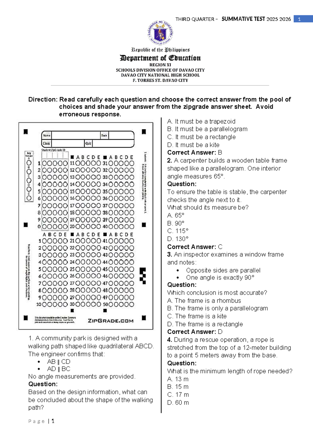 THIRD QUARTER SUMMATIVE TEST SY 2025-2026: Geometry Concepts - Studocu