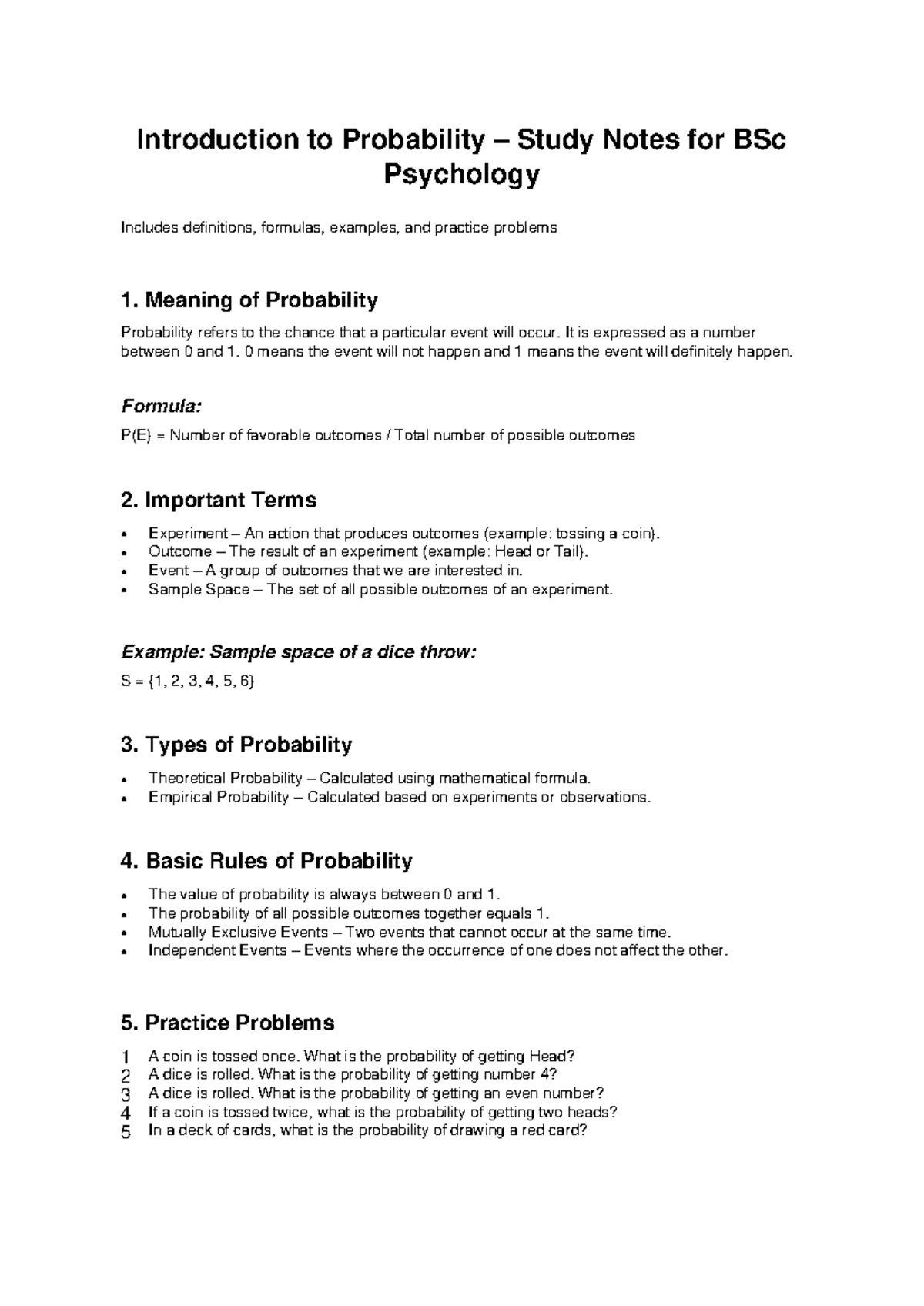 BSc Psychology: Intro to Probability Study Notes & Practice Problems ...