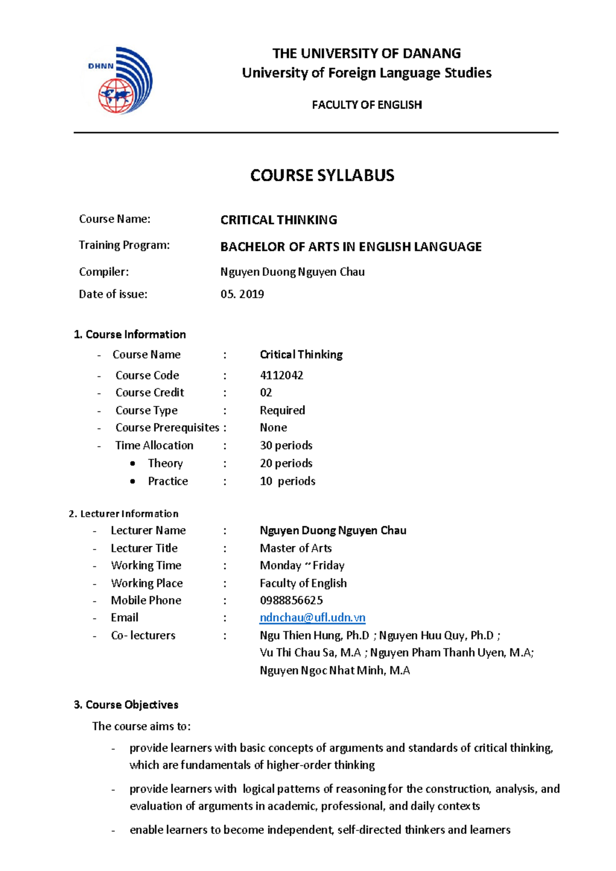 Course Syllabus OF Critical Thinking 2020 - THE UNIVERSITY OF DANANG ...