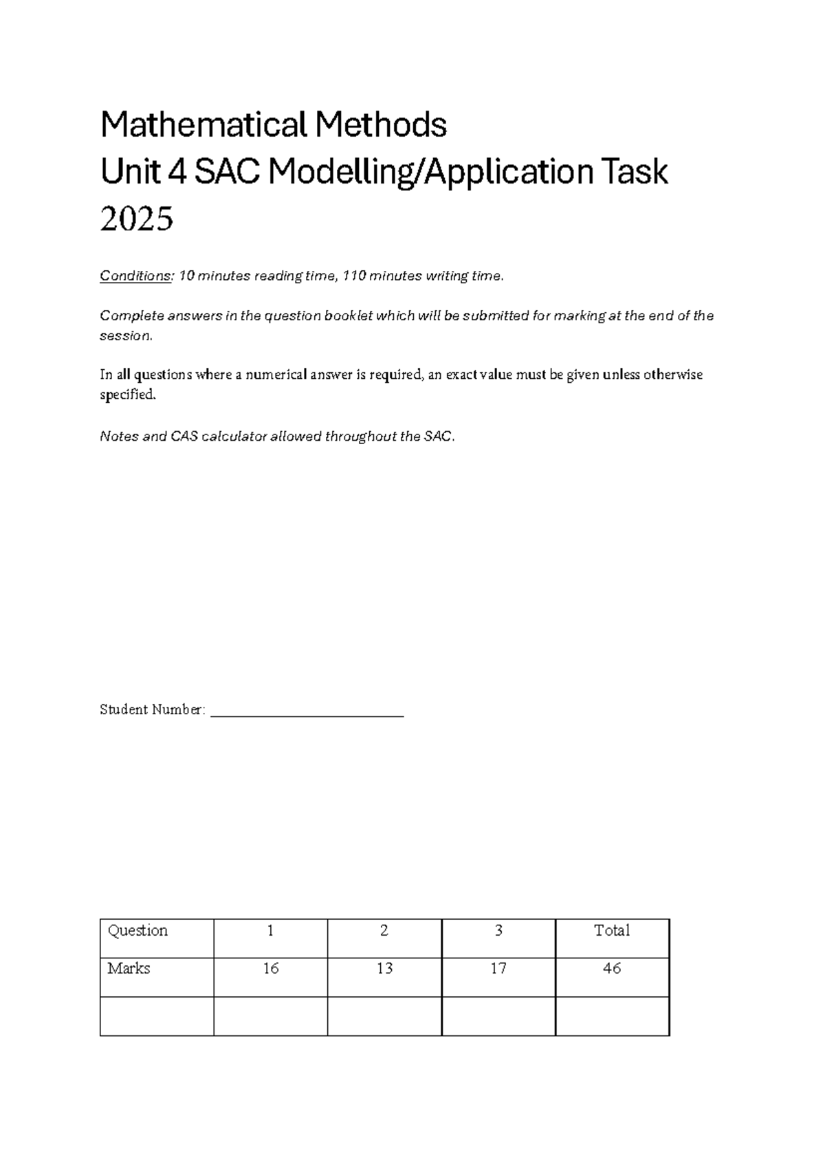 Mathematical Methods SAC 2 - 2025 Final Exam Practice Task - Studocu