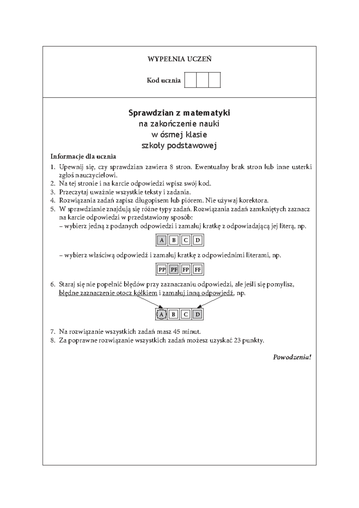 Diagnoza SP MAT 8 - Sprawdzian Diagnozujący dla Klasy 8 - Studocu