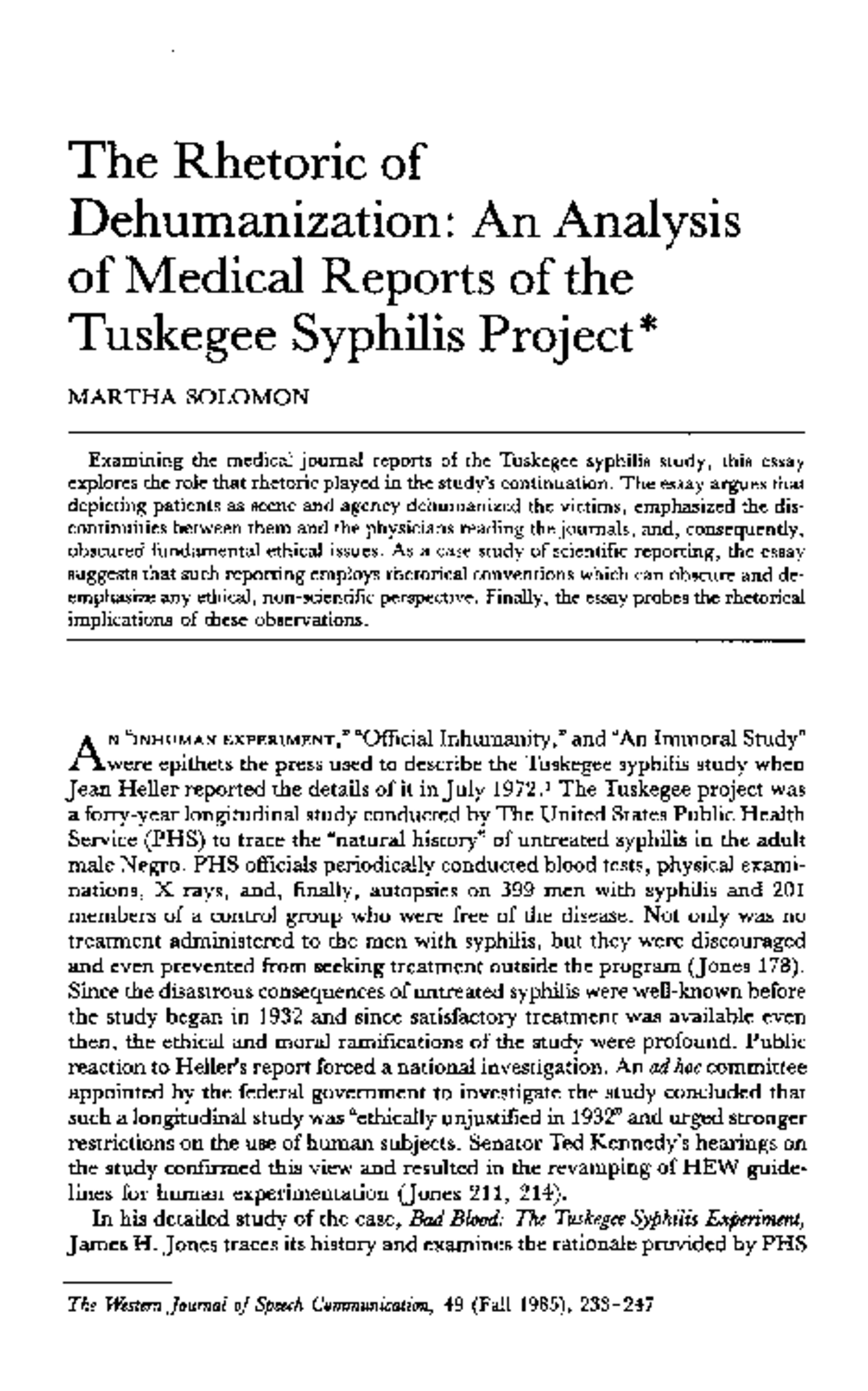Rhetorical Analysis of Medical Reporting on the Tuskegee Syphilis Study ...