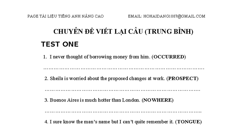 Du-VLC-TB - Bbbbhh - CHUYÊN ĐỀ VIẾT LẠI CÂU (TRUNG BÌNH) TEST ONE I ...