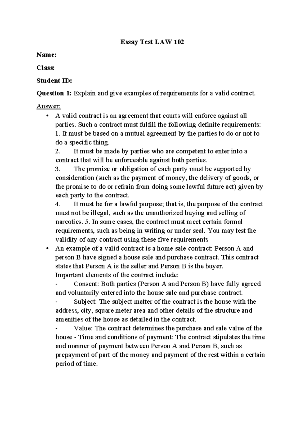 Essay Test-LAW102 - Essay Test LAW 102 Name: Class: Student ID ...