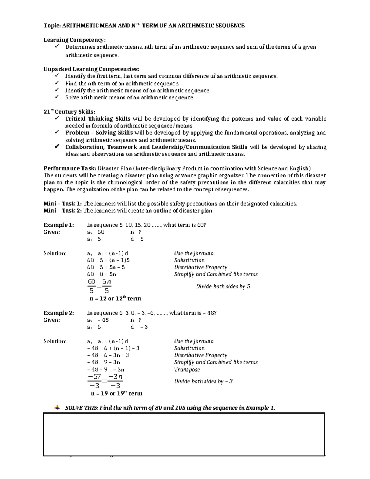 Sequence - MODULE - SEQUENCE, SERIES, AND PATTERNS Topic: ARITHMETIC ...