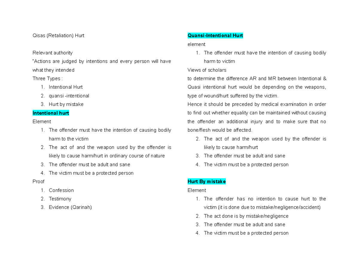 Qisas (Retaliation) Hurt: Intent, Types, and Legal Elements - Studocu