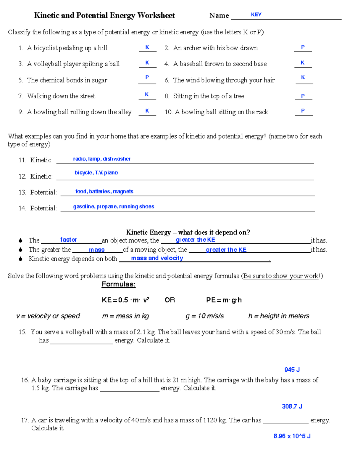 Kinetic and potential energy worksheet key g 9 - Kinetic and Potential ...