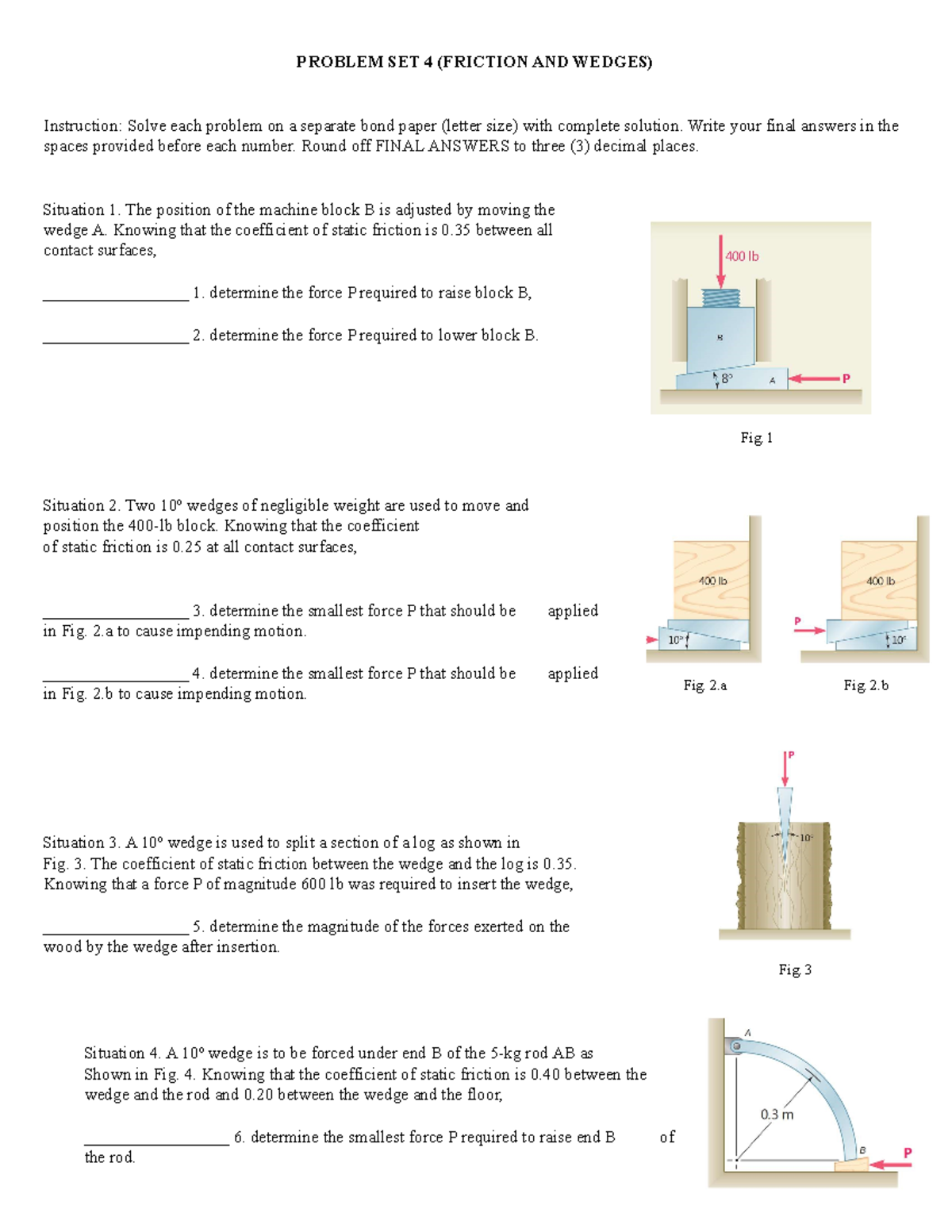 Friction and Wedges Problem Set - Midterm Solutions (ENG 123) - Studocu