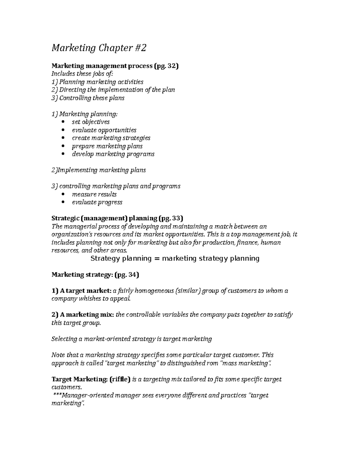 Marketing CH 2 2017 - Comprehensive Lecture Notes on Marketing ...