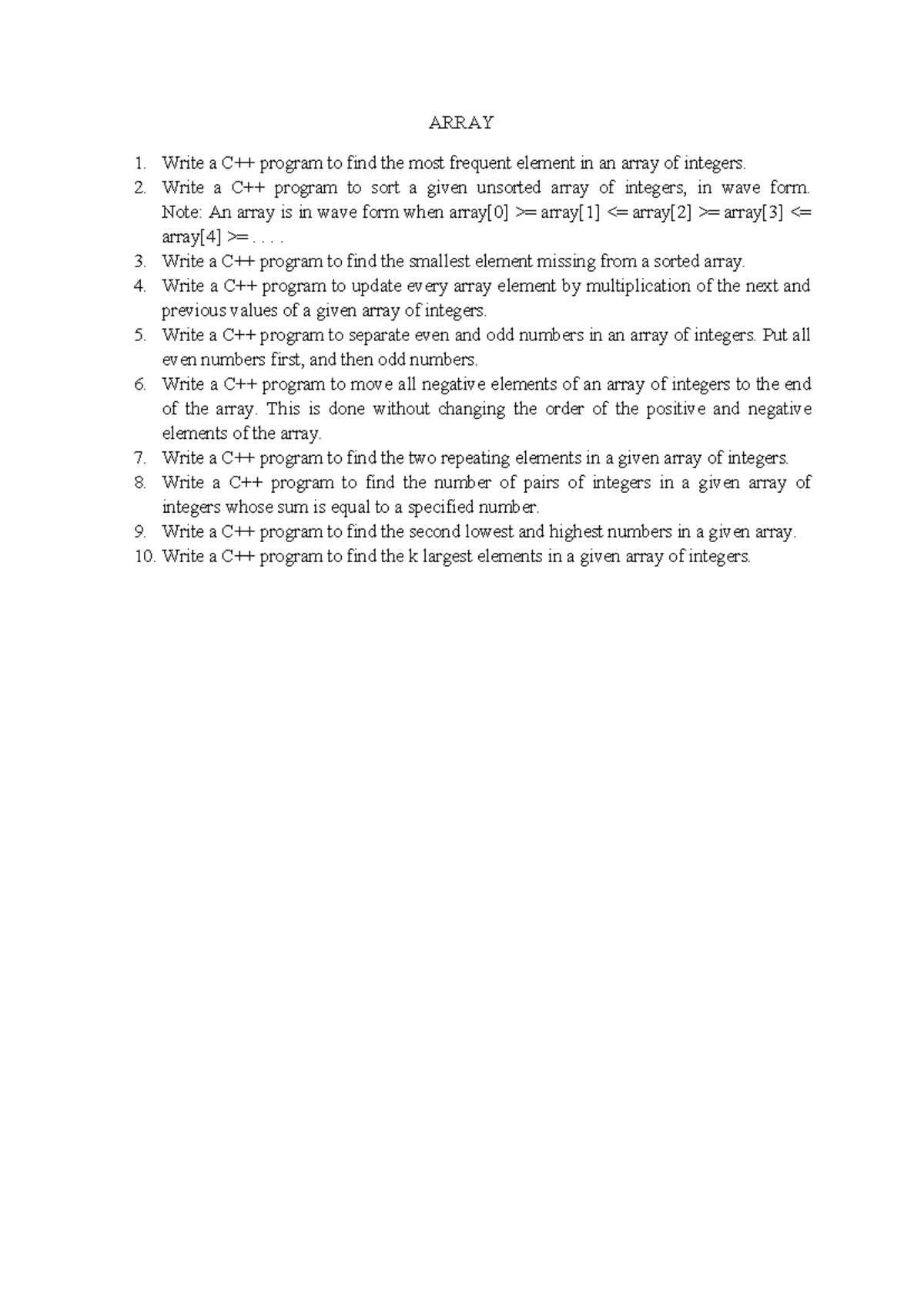 Practice Problems for DSA (DS) - Array and Linked List Concepts - Studocu