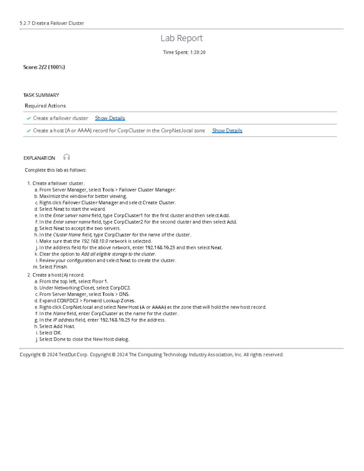5.2.7 LAB ASSIGNMENT: Creating a Failover Cluster for CorpNet - Studocu