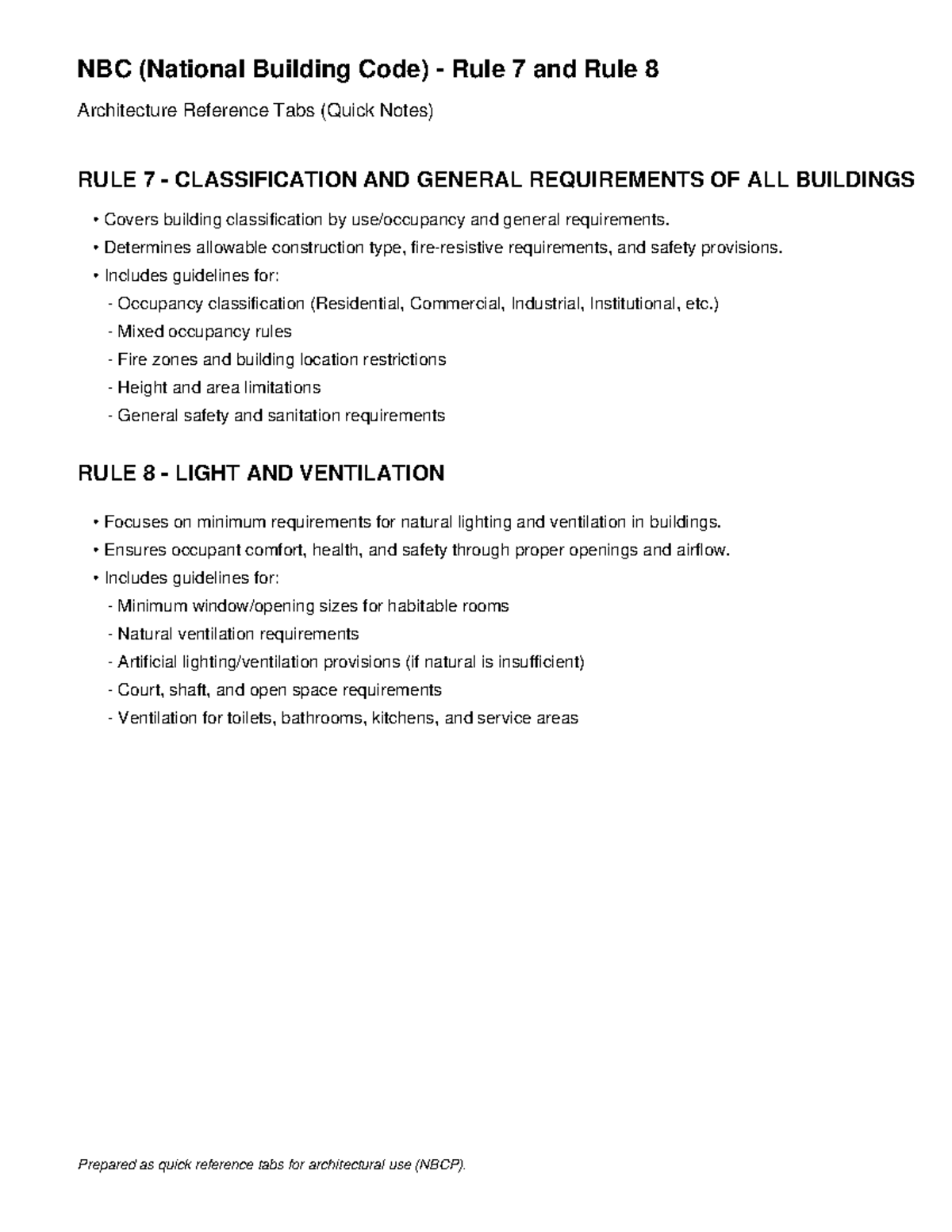 NBC (National Building Code) Rule 7 & 8 Architecture Quick Reference ...