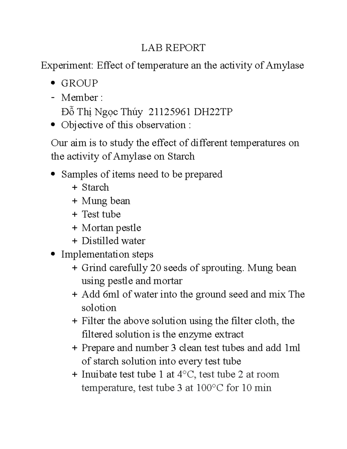 LAB REPORT: Effect of Temperature on Amylase Activity - 21125961 DH22TP ...