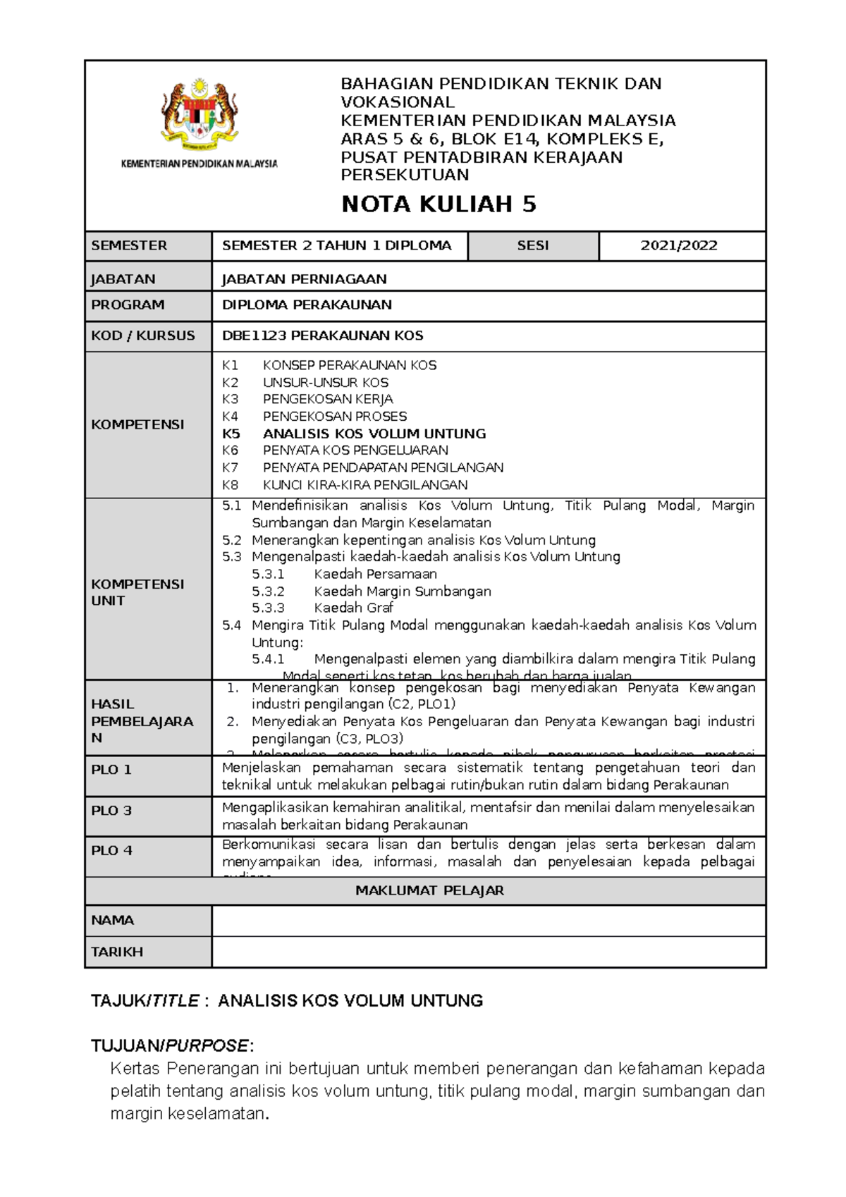 DBE1123 Nota Kuliah 5: Analisis Kos Volum Untung dan Pengenalan - Studocu