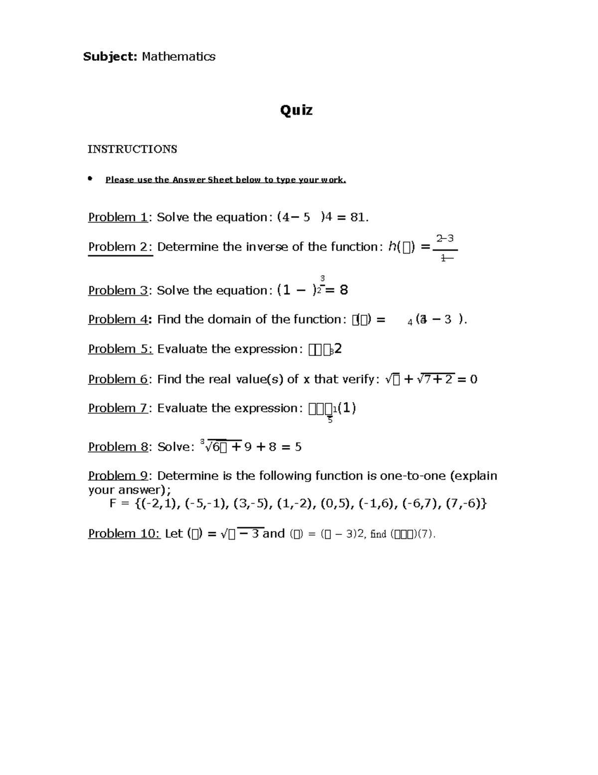 Algebra 2 Semester 1 Exam - Algebra 2 Part 1 Part 1 Semester Exam Name ...