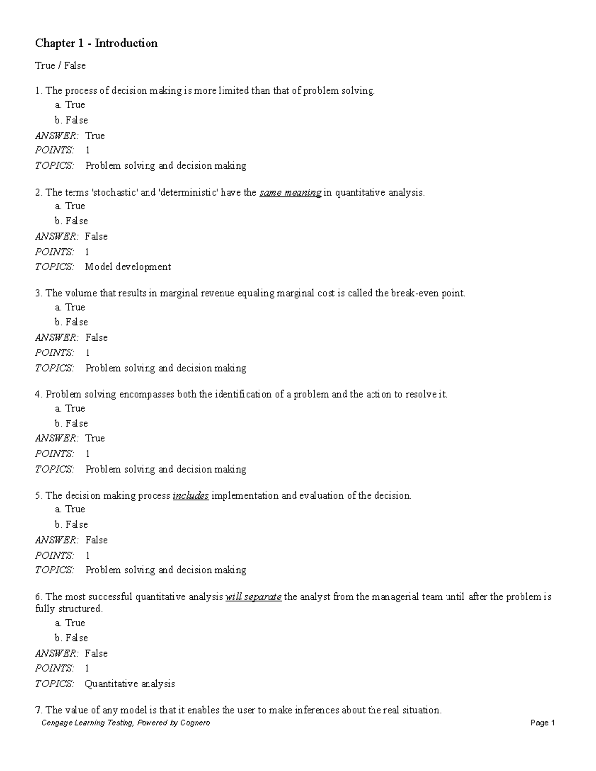 Management Science Chapter 1 True/False and MCQ Review - Studocu
