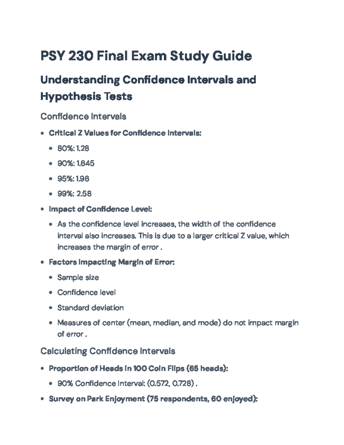 PSY 230 Final Exam Study Guide: Confidence Intervals & Hypothesis Tests ...