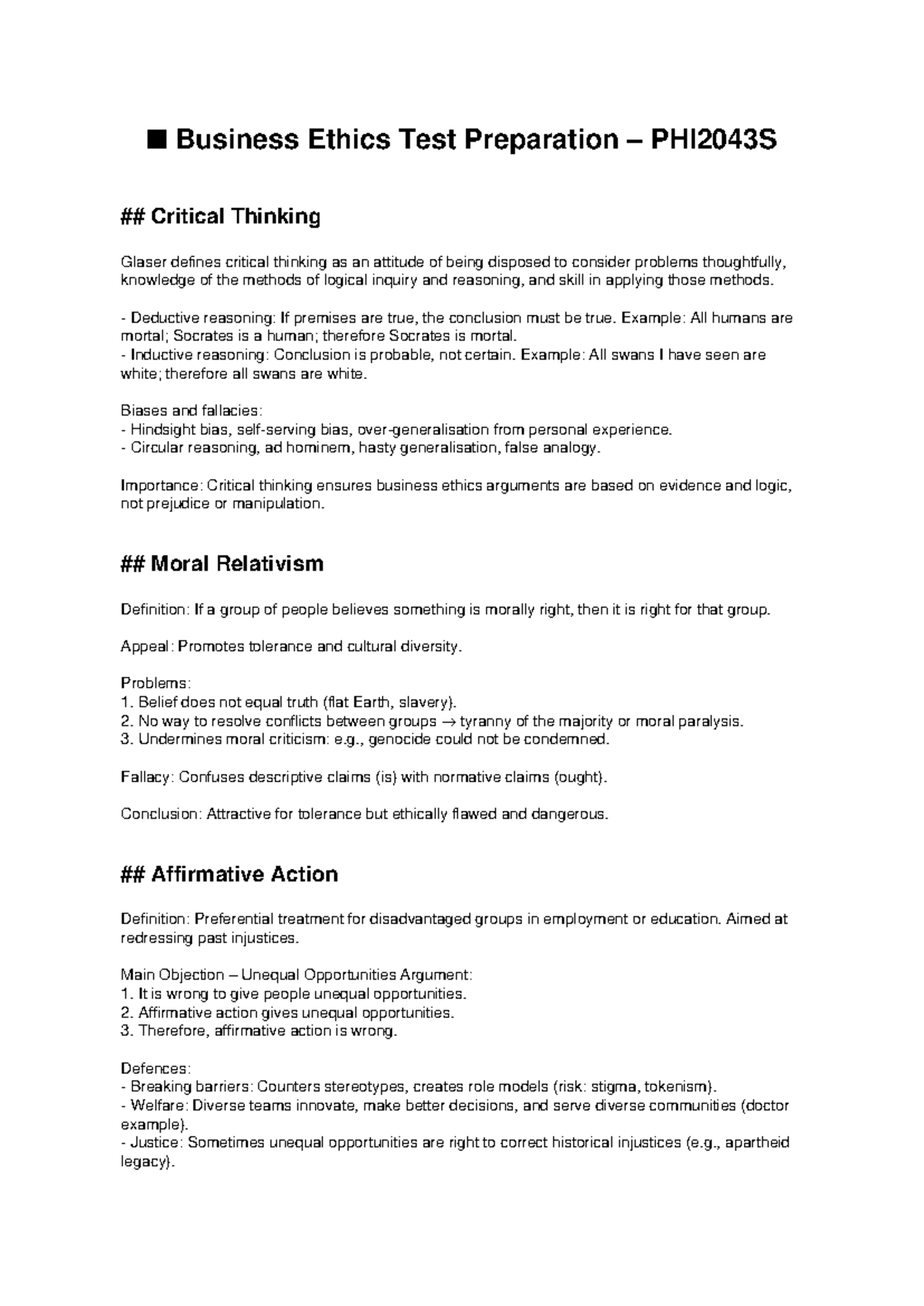 Business Ethics Test Prep PHI2043S: Critical Thinking Insights - Studocu