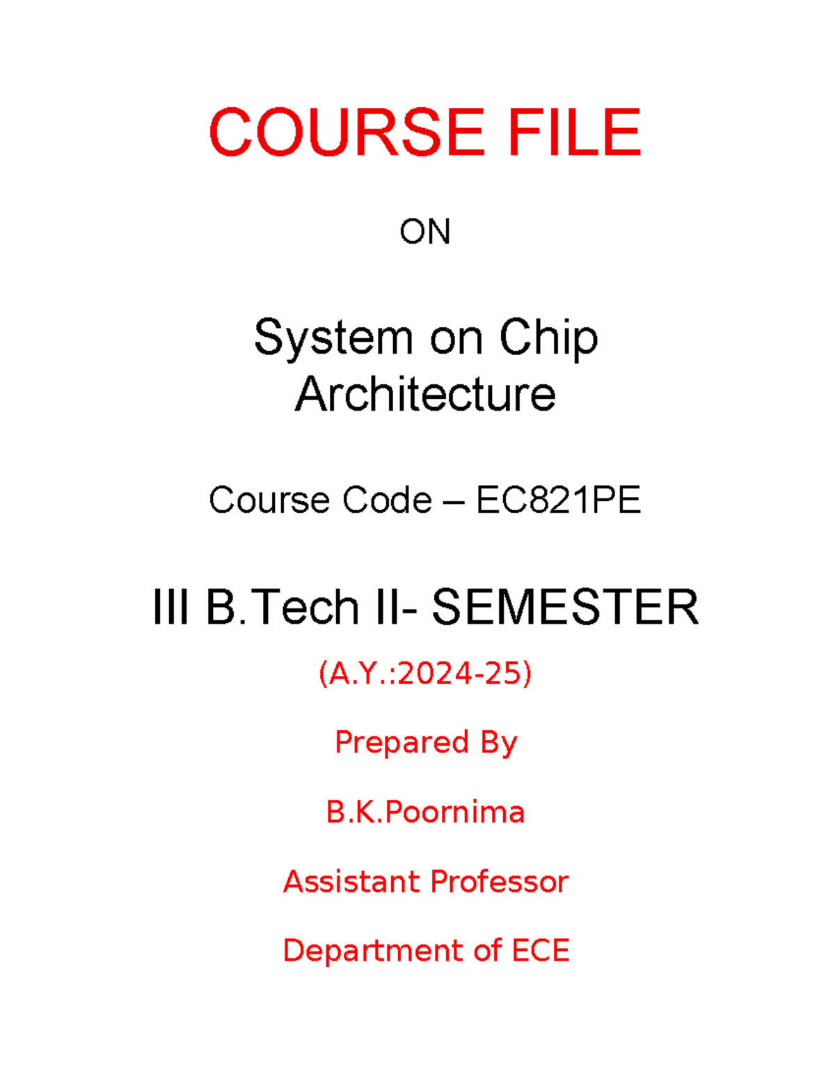 Course File: System on Chip Architecture (EC821PE) - B.Tech IV Year ...