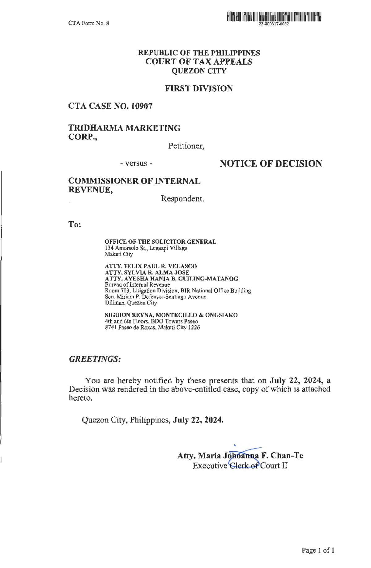CTA Case No. 10907: Decision on Tridharma Marketing Corp. vs. CIR (July ...